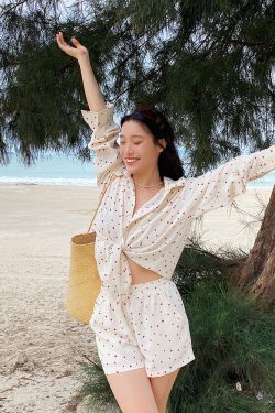 French Style Blue Cotton Shirt Set for Women - Loose Sun Protection Cardigan & A-Line High-Waisted Shorts, Perfect for Summer Outings