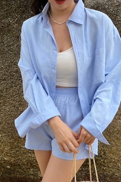 French Style Blue Cotton Shirt Set for Women - Loose Sun Protection Cardigan & A-Line High-Waisted Shorts, Perfect for Summer Outings