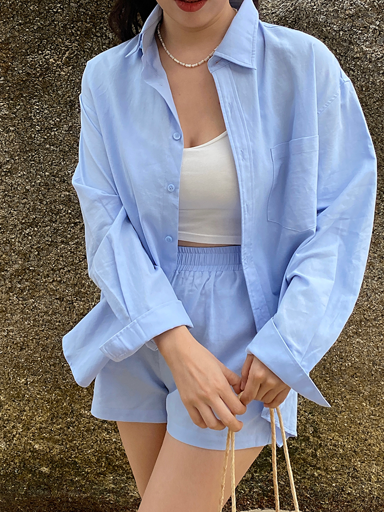 French Style Blue Cotton Shirt Set for Women - Loose Sun Protection Cardigan & A-Line High-Waisted Shorts, Perfect for Summer Outings French Style Blue Cotton Shirt Set for Women - Loose Sun Protection Cardigan & A-Line High-Waisted Shorts, Perfect for Summer Outings