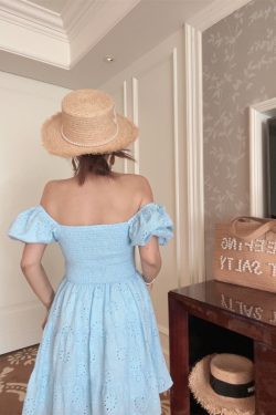 French-Style Elastic Gathered Lantern Sleeve Square Neck Embroidered Cotton Blue Vacation Dress - Spring/Summer 2025 Fashion