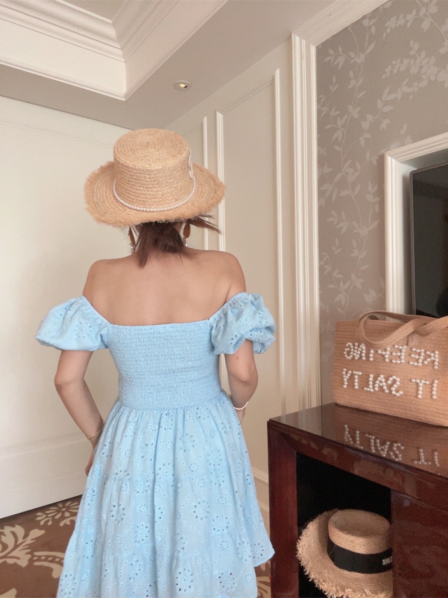 French-Style Elastic Gathered Lantern Sleeve Square Neck Embroidered Cotton Blue Vacation Dress - Spring/Summer 2025 Fashion French-Style Elastic Gathered Lantern Sleeve Square Neck Embroidered Cotton Blue Vacation Dress - Spring/Summer 2025 Fashion