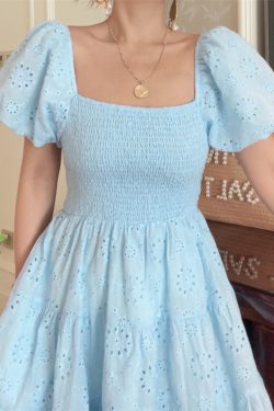 French-Style Elastic Gathered Lantern Sleeve Square Neck Embroidered Cotton Blue Vacation Dress - Spring/Summer 2025 Fashion