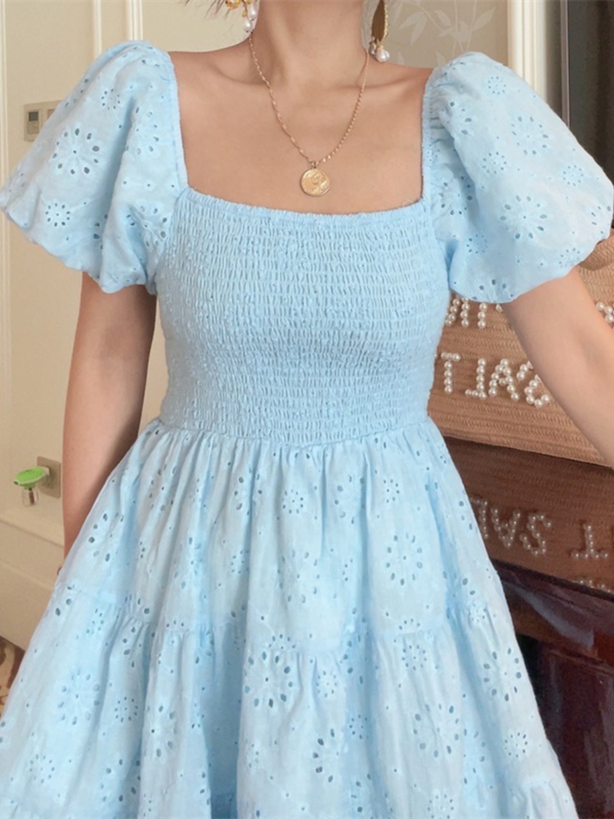 French-Style Elastic Gathered Lantern Sleeve Square Neck Embroidered Cotton Blue Vacation Dress - Spring/Summer 2025 Fashion French-Style Elastic Gathered Lantern Sleeve Square Neck Embroidered Cotton Blue Vacation Dress - Spring/Summer 2025 Fashion