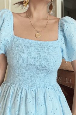 French-Style Elastic Gathered Lantern Sleeve Square Neck Embroidered Cotton Blue Vacation Dress - Spring/Summer 2025 Fashion