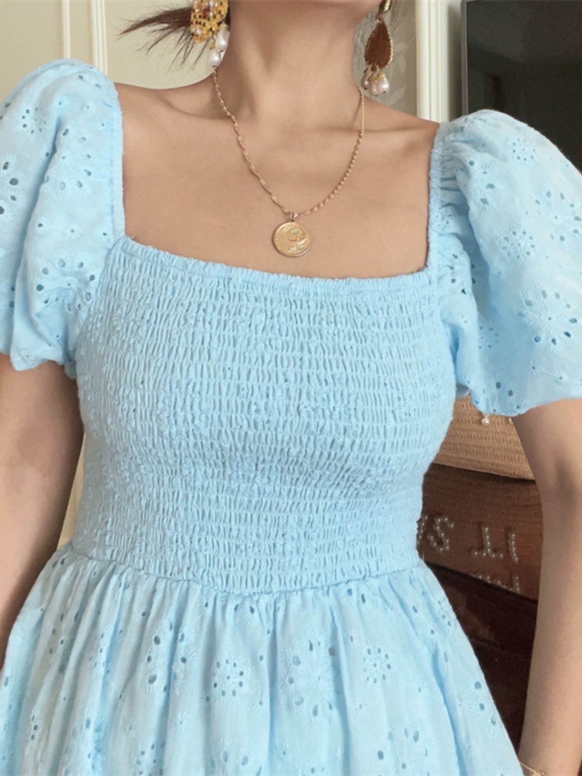 French-Style Elastic Gathered Lantern Sleeve Square Neck Embroidered Cotton Blue Vacation Dress - Spring/Summer 2025 Fashion French-Style Elastic Gathered Lantern Sleeve Square Neck Embroidered Cotton Blue Vacation Dress - Spring/Summer 2025 Fashion