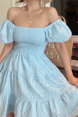 French-Style Elastic Gathered Lantern Sleeve Square Neck Embroidered Cotton Blue Vacation Dress - Spring/Summer 2025 Fashion