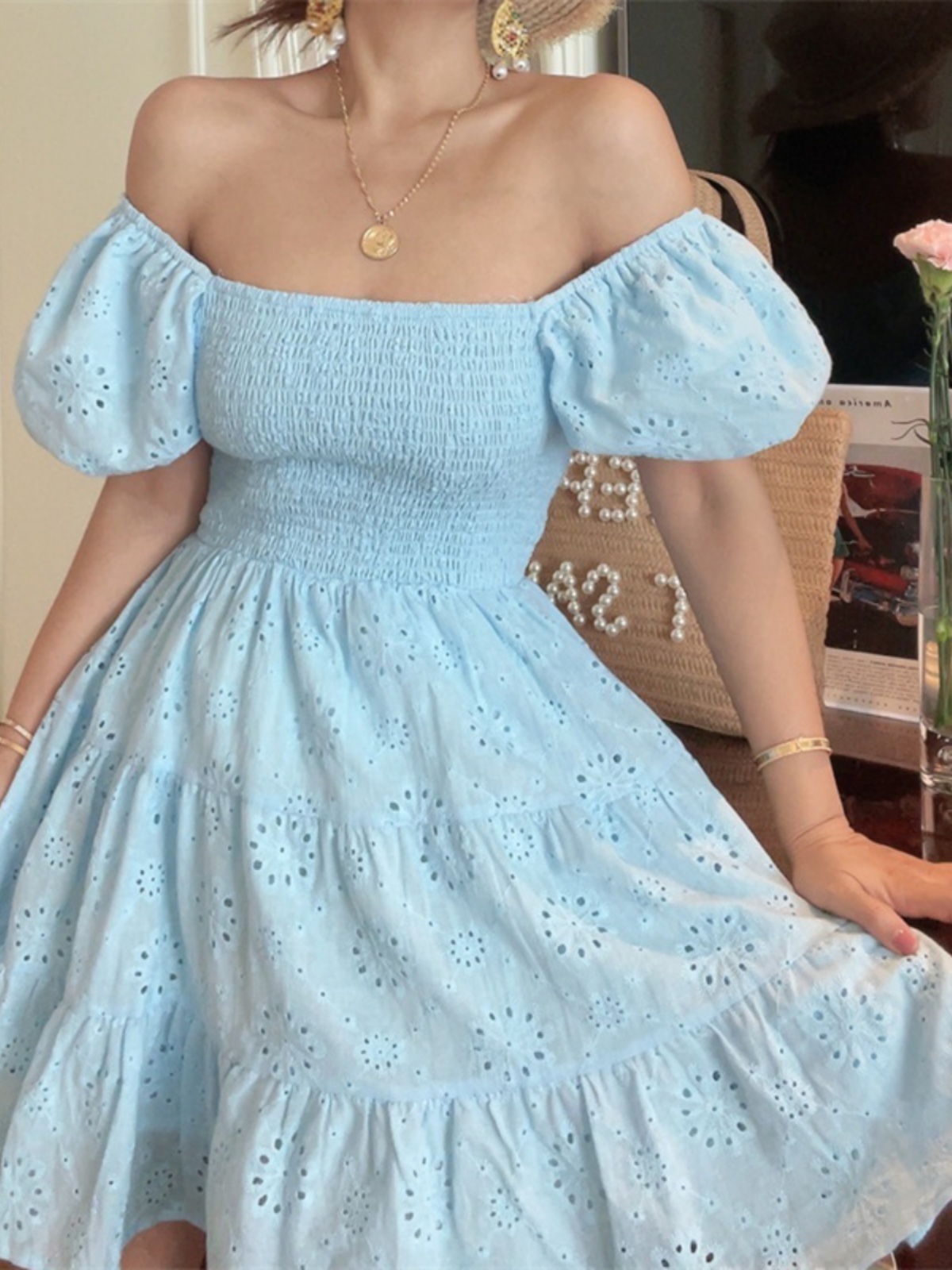 French-Style Elastic Gathered Lantern Sleeve Square Neck Embroidered Cotton Blue Vacation Dress - Spring/Summer 2025 Fashion French-Style Elastic Gathered Lantern Sleeve Square Neck Embroidered Cotton Blue Vacation Dress - Spring/Summer 2025 Fashion