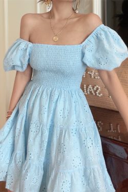 French-Style Elastic Gathered Lantern Sleeve Square Neck Embroidered Cotton Blue Vacation Dress - Spring/Summer 2025 Fashion