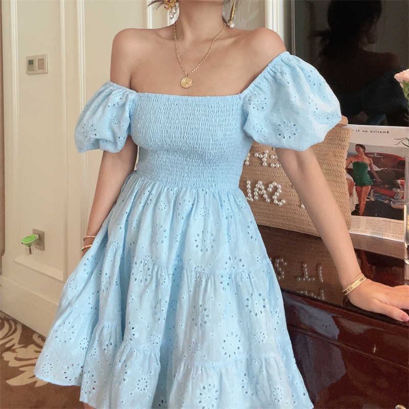 French-Style Elastic Gathered Lantern Sleeve Square Neck Embroidered Cotton Blue Vacation Dress - Spring/Summer 2025 Fashion French-Style Elastic Gathered Lantern Sleeve Square Neck Embroidered Cotton Blue Vacation Dress - Spring/Summer 2025 Fashion
