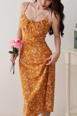 French Style Floral Tie Strap Slip Dress - Women's Waist-Defining Slimming Long Dress for Vacation, Y2K Summer Fashion