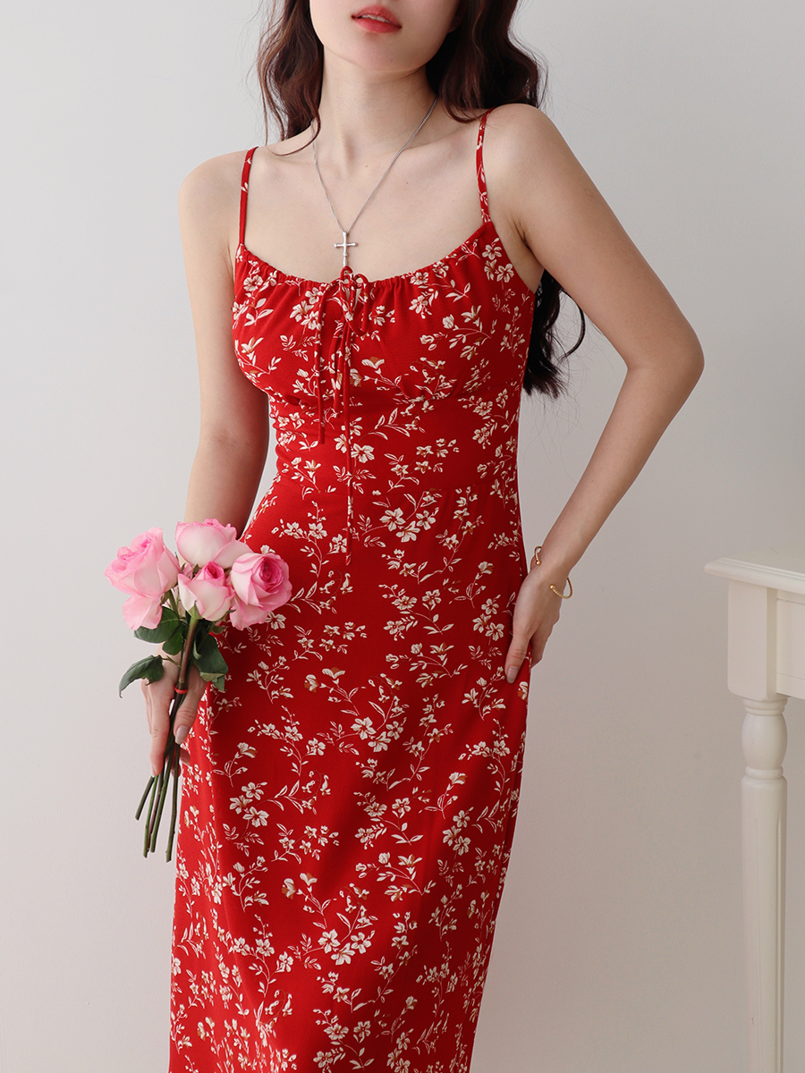 French Style Floral Tie Strap Slip Dress - Women's Waist-Defining Slimming Long Dress for Vacation, Y2K Summer Fashion French Style Floral Tie Strap Slip Dress - Women's Waist-Defining Slimming Long Dress for Vacation, Y2K Summer Fashion