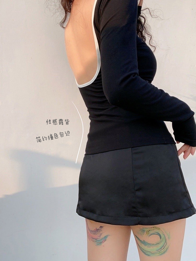 French Style Sexy Minimalist Black and White Spliced Backless Long Sleeve T-Shirt for Women - Slim Fit, Round Neck, Chic Fashion Top French Style Sexy Minimalist Black and White Spliced Backless Long Sleeve T-Shirt for Women - Slim Fit, Round Neck, Chic Fashion Top