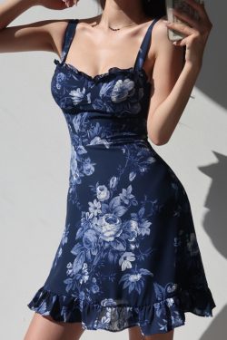 French-Style Sexy Shoulder Tie Ruffled Edge Watercolor Print Waist-Cinching Short A-Line Vacation Dress