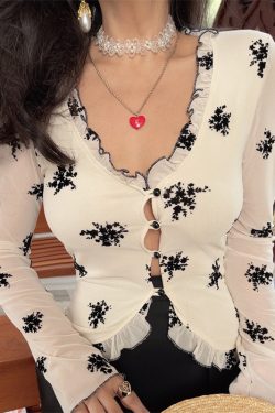 French Style Sheer Black V-Neck Vacation Shirt Top with Mushroom Edge - Women's Waist-Defining 2025 Spring Fashion