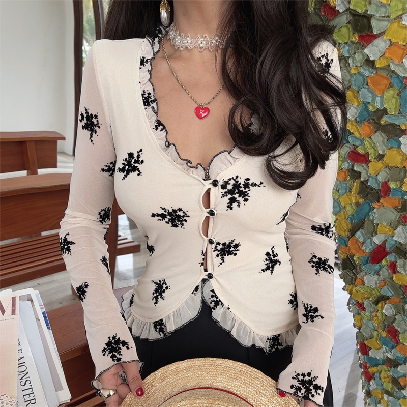 French Style Sheer Black V-Neck Vacation Shirt Top with Mushroom Edge - Women's Waist-Defining 2025 Spring Fashion French Style Sheer Black V-Neck Vacation Shirt Top with Mushroom Edge - Women's Waist-Defining 2025 Spring Fashion