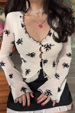 French Style Sheer Black V-Neck Vacation Shirt Top with Mushroom Edge - Women's Waist-Defining 2025 Spring Fashion