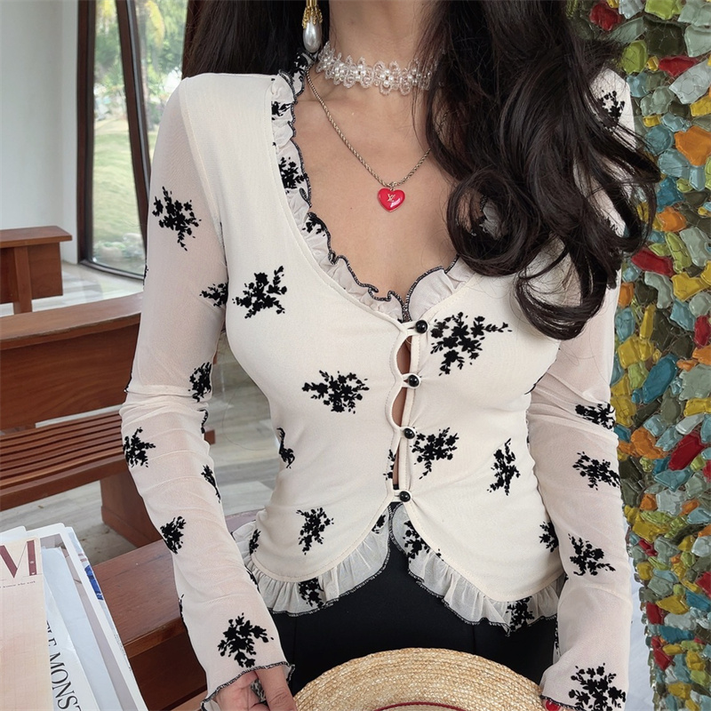 French Style Sheer Black V-Neck Vacation Shirt Top with Mushroom Edge - Women's Waist-Defining 2025 Spring Fashion French Style Sheer Black V-Neck Vacation Shirt Top with Mushroom Edge - Women's Waist-Defining 2025 Spring Fashion