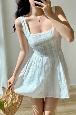 French Style Square Neck Wide Strap Lace Trim Little White Dress - Slimming Slip Dress for Vacation and Summer Outings