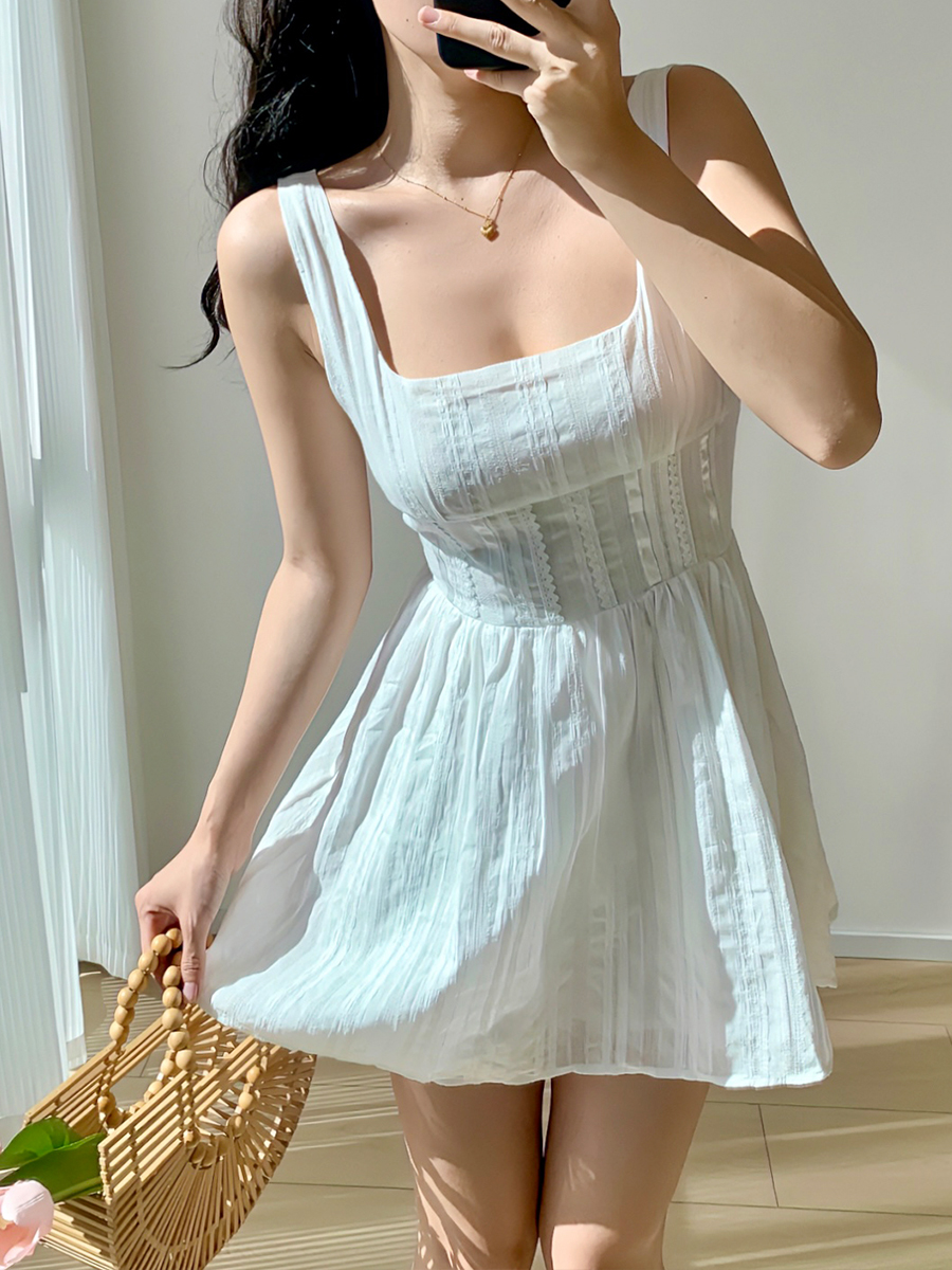 French Style Square Neck Wide Strap Lace Trim Little White Dress - Slimming Slip Dress for Vacation and Summer Outings French Style Square Neck Wide Strap Lace Trim Little White Dress - Slimming Slip Dress for Vacation and Summer Outings