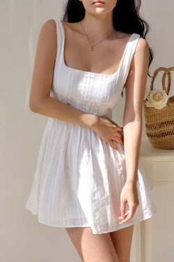 French Style Square Neck Wide Strap Lace Trim Little White Dress - Slimming Slip Dress for Vacation and Summer Outings