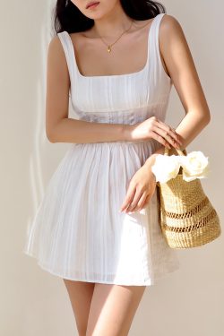 French Style Square Neck Wide Strap Lace Trim Little White Dress - Slimming Slip Dress for Vacation and Summer Outings