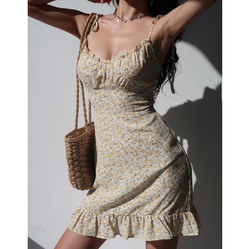 French-Style Yellow Floral V-Neck Tie Strap Dress with Waist-Cinching Short Skirt - Playful Vacation Essential French-Style Yellow Floral V-Neck Tie Strap Dress with Waist-Cinching Short Skirt - Playful Vacation Essential