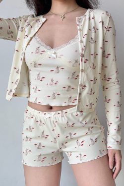 French Sweet Bunny Print Cami Pajama Cardigan and Shorts Loungewear Set for Women – Cute and Comfy Sleepwear Outfit