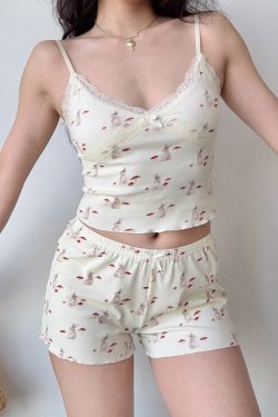 French Sweet Bunny Print Cami Pajama Cardigan and Shorts Loungewear Set for Women – Cute and Comfy Sleepwear Outfit