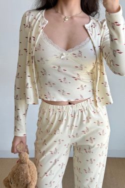 French Sweet Bunny Print Cami Pajama Cardigan and Shorts Loungewear Set for Women – Cute and Comfy Sleepwear Outfit