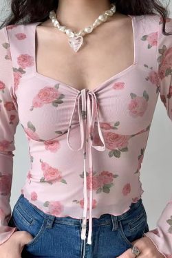 French Sweet Floral Print Bell Sleeve Square Neck Shirt - Women's Slim Fit Long Sleeve Top for Y2K and 90s Inspired Fashion