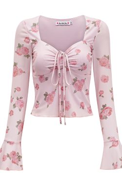 French Sweet Floral Print Bell Sleeve Square Neck Shirt - Women's Slim Fit Long Sleeve Top for Y2K and 90s Inspired Fashion