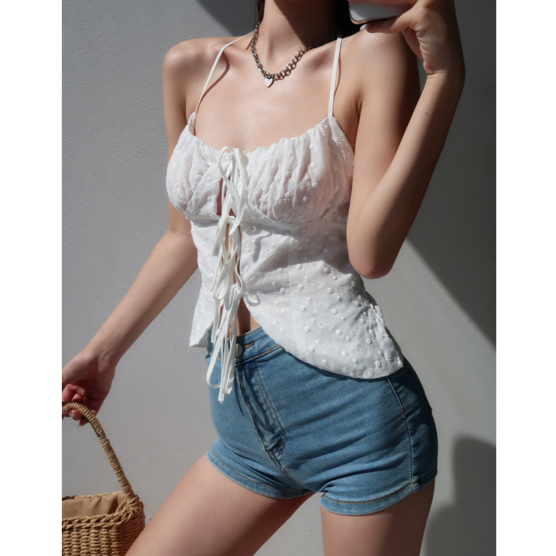 French Vintage Backless Lace-Up Camisole Top for Women - Slim Fit Embroidered Summer Fashion French Vintage Backless Lace-Up Camisole Top for Women - Slim Fit Embroidered Summer Fashion