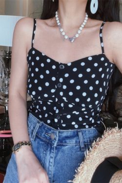 French Vintage Black Polka Dot Thin Strap Camisole Top for Women - 2025 Spring/Summer Vacation Style, Y2K Fashion