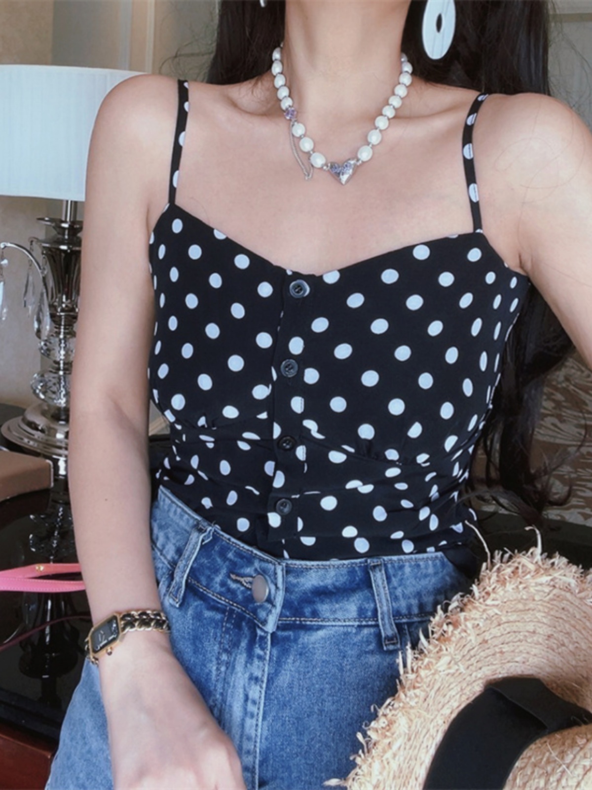 French Vintage Black Polka Dot Thin Strap Camisole Top for Women - 2025 Spring/Summer Vacation Style, Y2K Fashion French Vintage Black Polka Dot Thin Strap Camisole Top for Women - 2025 Spring/Summer Vacation Style, Y2K Fashion