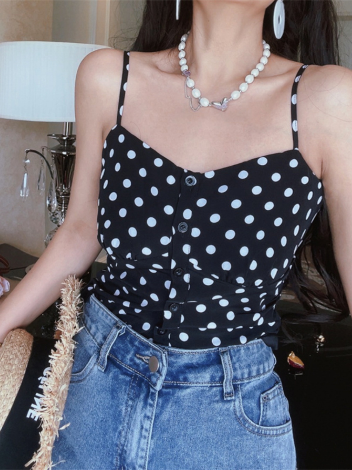 French Vintage Black Polka Dot Thin Strap Camisole Top for Women - 2025 Spring/Summer Vacation Style, Y2K Fashion French Vintage Black Polka Dot Thin Strap Camisole Top for Women - 2025 Spring/Summer Vacation Style, Y2K Fashion