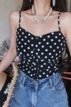 French Vintage Black Polka Dot Thin Strap Camisole Top for Women - 2025 Spring/Summer Vacation Style, Y2K Fashion