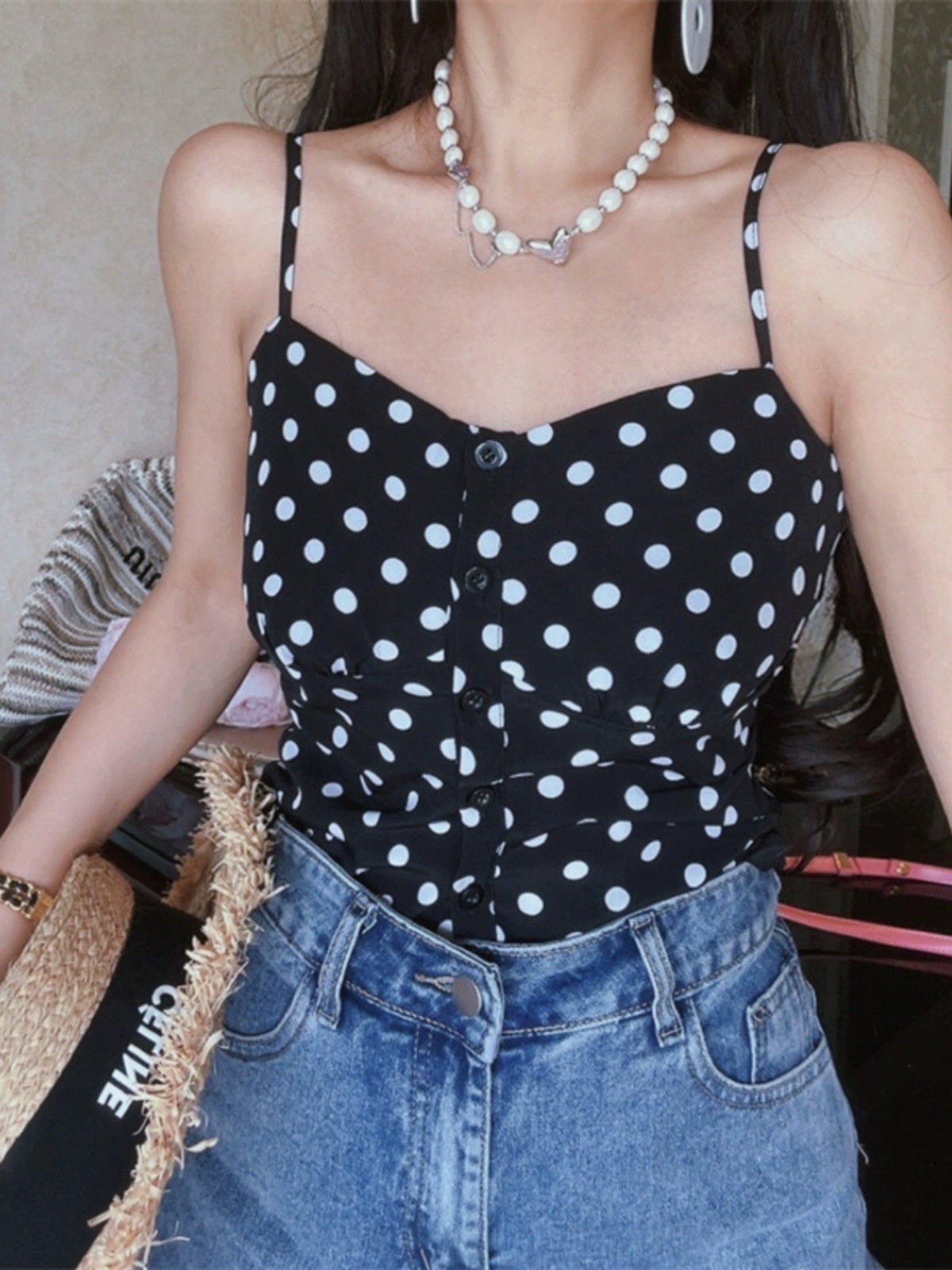 French Vintage Black Polka Dot Thin Strap Camisole Top for Women - 2025 Spring/Summer Vacation Style, Y2K Fashion French Vintage Black Polka Dot Thin Strap Camisole Top for Women - 2025 Spring/Summer Vacation Style, Y2K Fashion