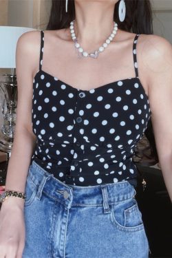 French Vintage Black Polka Dot Thin Strap Camisole Top for Women - 2025 Spring/Summer Vacation Style, Y2K Fashion
