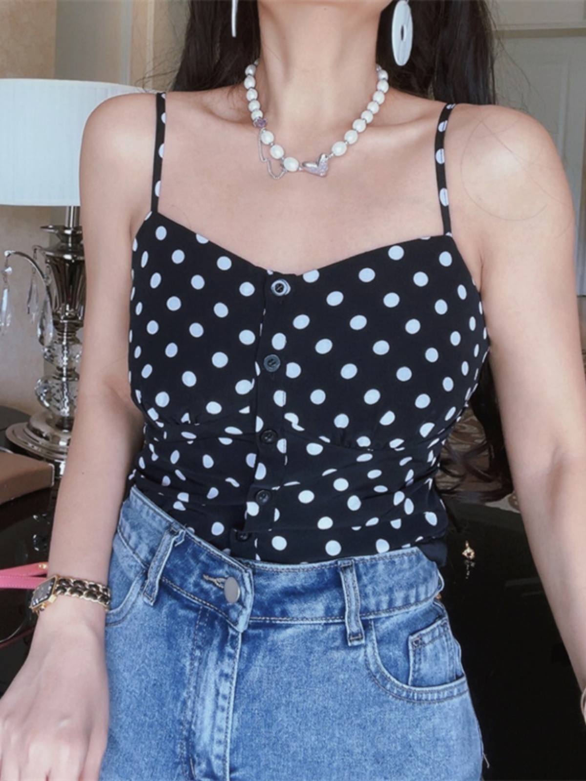 French Vintage Black Polka Dot Thin Strap Camisole Top for Women - 2025 Spring/Summer Vacation Style, Y2K Fashion French Vintage Black Polka Dot Thin Strap Camisole Top for Women - 2025 Spring/Summer Vacation Style, Y2K Fashion