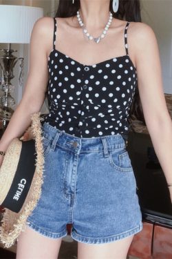 French Vintage Black Polka Dot Thin Strap Camisole Top for Women - 2025 Spring/Summer Vacation Style, Y2K Fashion
