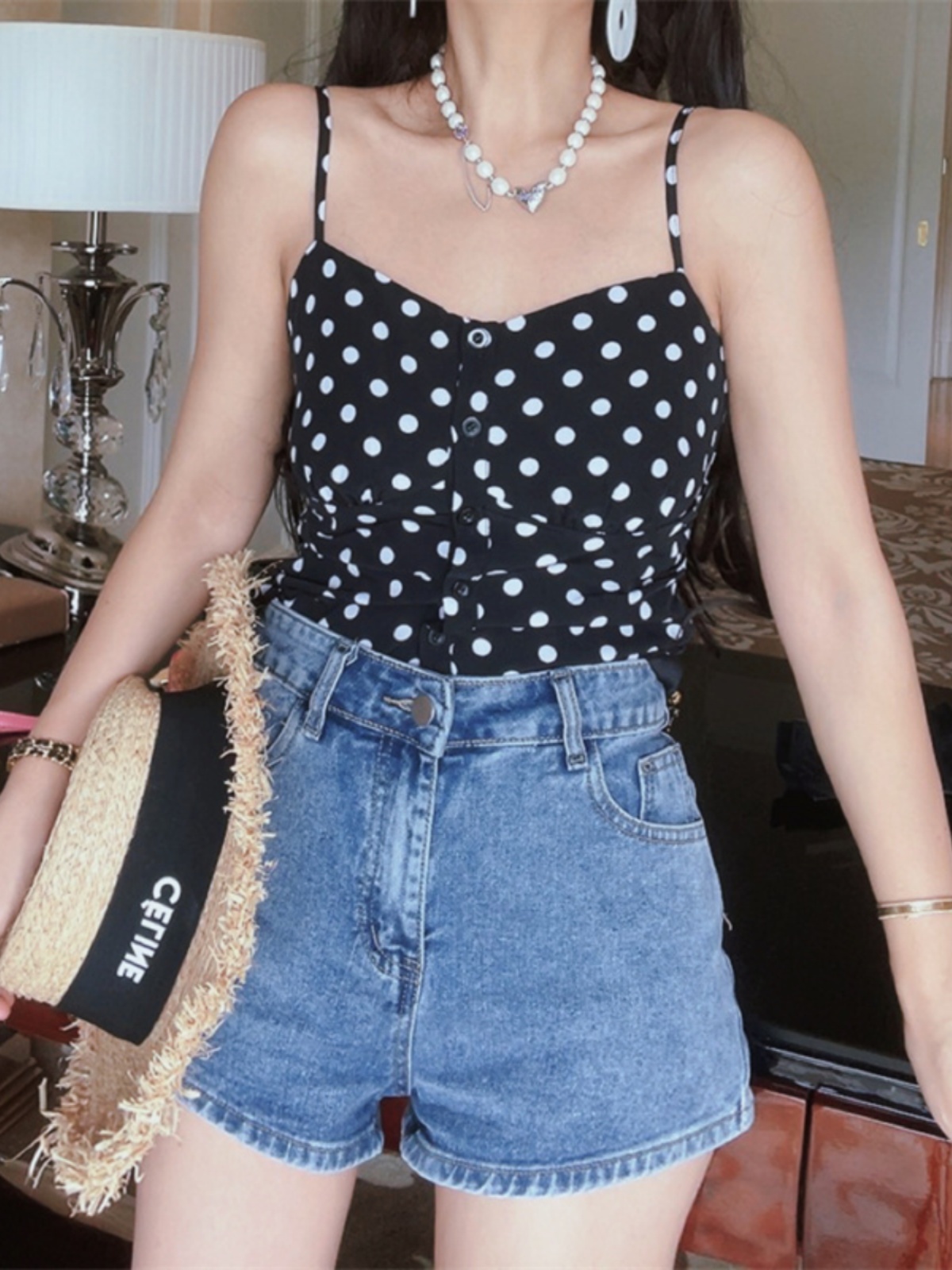 French Vintage Black Polka Dot Thin Strap Camisole Top for Women - 2025 Spring/Summer Vacation Style, Y2K Fashion French Vintage Black Polka Dot Thin Strap Camisole Top for Women - 2025 Spring/Summer Vacation Style, Y2K Fashion