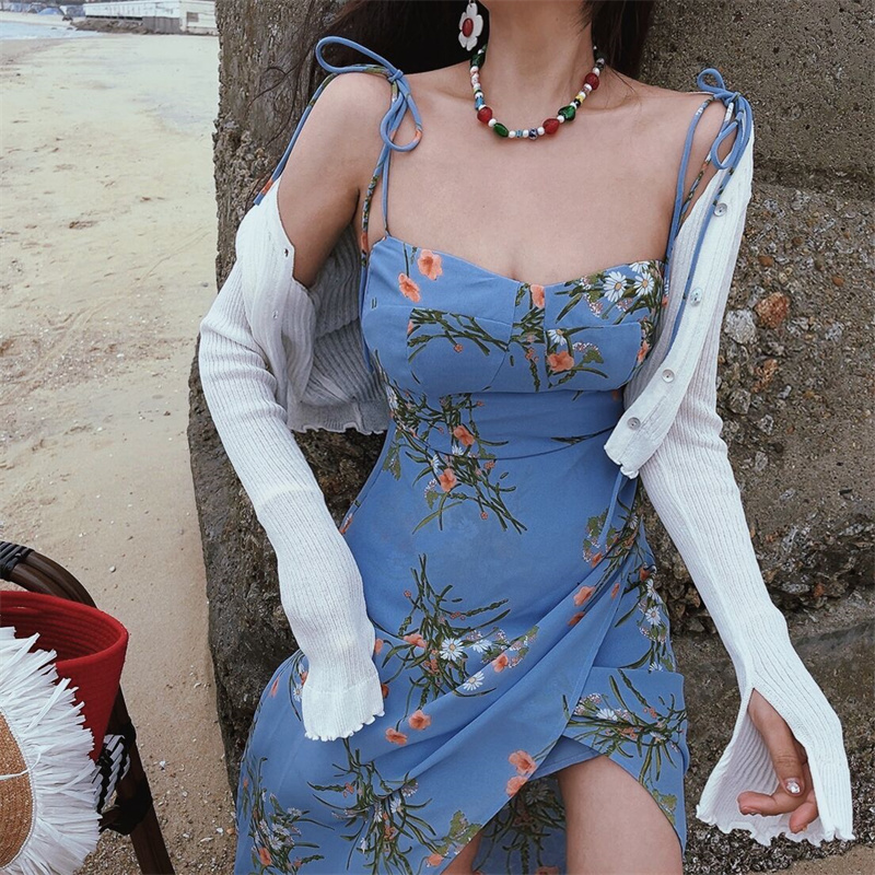 French Vintage Blue Floral Bodycon Dress with Spaghetti Straps and Sexy Split Hem for Vacation - 2024 Fashion French Vintage Blue Floral Bodycon Dress with Spaghetti Straps and Sexy Split Hem for Vacation - 2024 Fashion