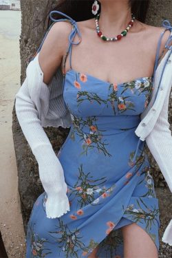 French Vintage Blue Floral Bodycon Dress with Spaghetti Straps and Sexy Split Hem for Vacation - 2024 Fashion