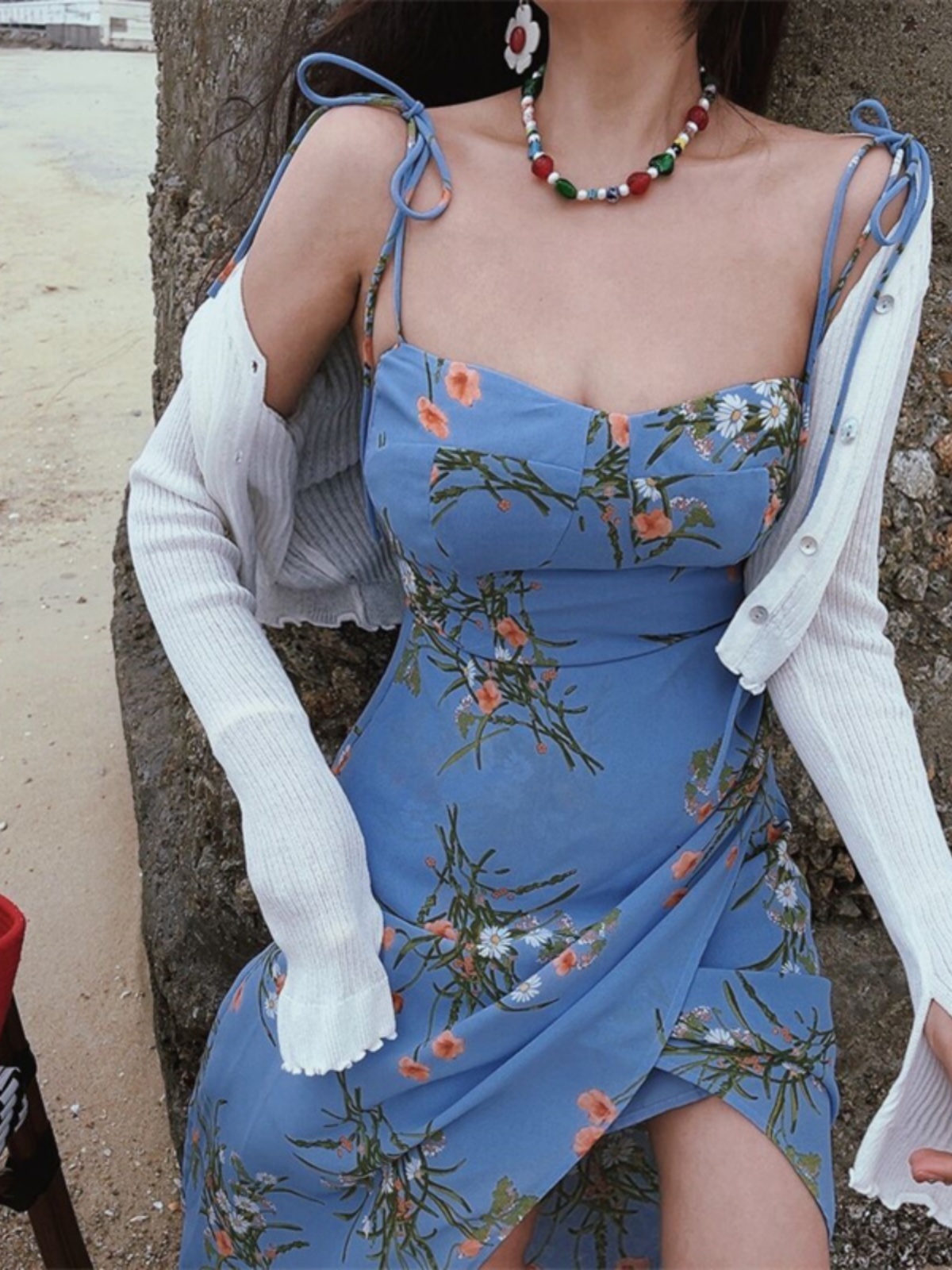 French Vintage Blue Floral Bodycon Dress with Spaghetti Straps and Sexy Split Hem for Vacation - 2024 Fashion French Vintage Blue Floral Bodycon Dress with Spaghetti Straps and Sexy Split Hem for Vacation - 2024 Fashion