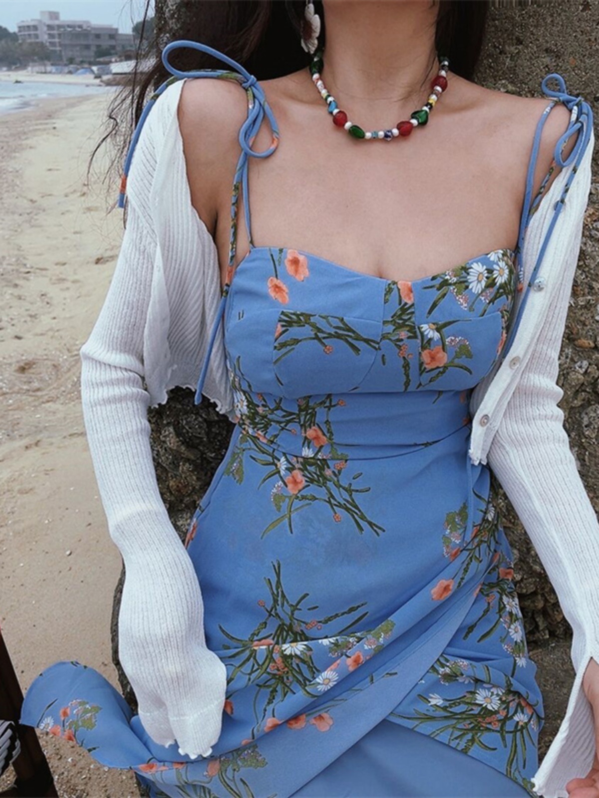 French Vintage Blue Floral Bodycon Dress with Spaghetti Straps and Sexy Split Hem for Vacation - 2024 Fashion French Vintage Blue Floral Bodycon Dress with Spaghetti Straps and Sexy Split Hem for Vacation - 2024 Fashion