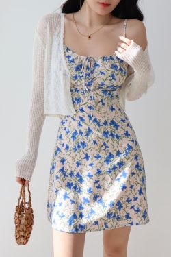 French Vintage Blue Floral Tie Strap Bodycon Mini Dress for Women - Slim Fit 90s Inspired Fashion