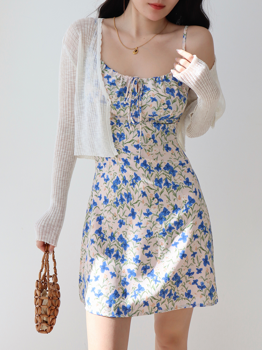 French Vintage Blue Floral Tie Strap Bodycon Mini Dress for Women - Slim Fit 90s Inspired Fashion French Vintage Blue Floral Tie Strap Bodycon Mini Dress for Women - Slim Fit 90s Inspired Fashion