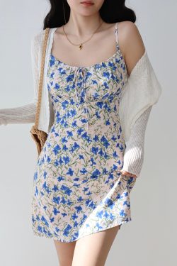 French Vintage Blue Floral Tie Strap Bodycon Mini Dress for Women - Slim Fit 90s Inspired Fashion
