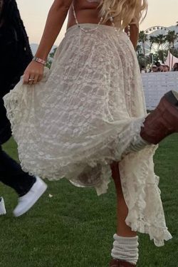 French Vintage Bohemian Lace Irregular Maxi Skirt for Women - Casual Solid Color Summer Fashion