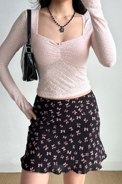 French Vintage Bow Print A-line Skirt for Women - Slim Fit Short Skirt with Y2K Style